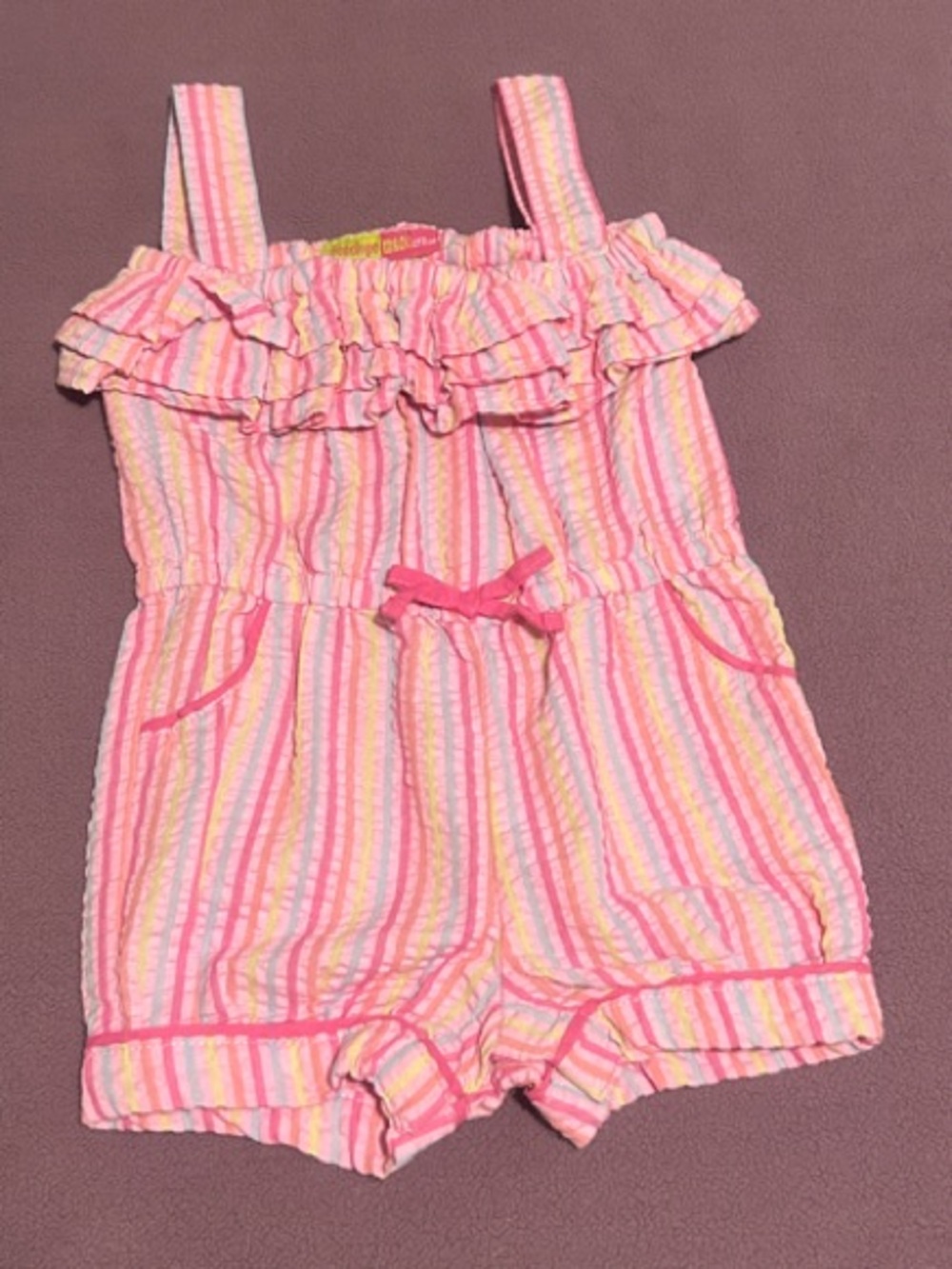 Penelope Mack Pink Multi-Stripe Ruffle Strap Romper